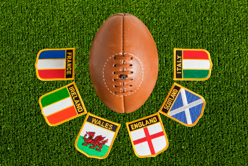 Six Nations Rugby ball with team badges including Ireland and France, perfect for rugby fans staying at The Dawson Hostel Dublin for the 2025 match.