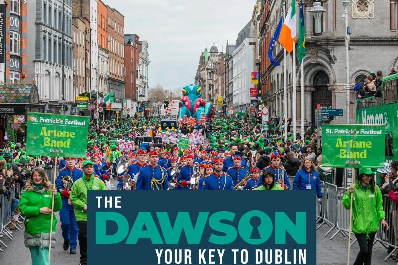 The Dawson Hostel St Patrick’s Day accommodation Dublin, parade crowds and marching band in Dublin city centre on festival day