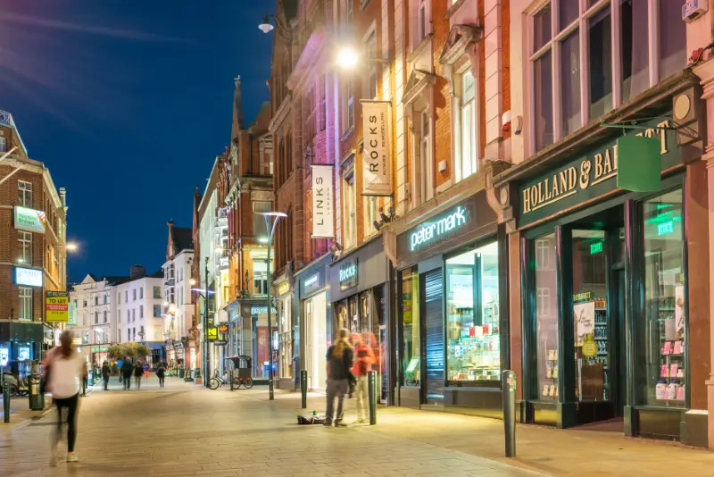 Grafton Street at night near The Dawson Hostel, ideal for travelers seeking accommodation near Grafton Street in Dublin
