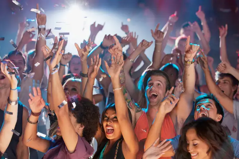 Fans celebrating at a concert in Dublin, ideal for Billie Eilish weekend stays at The Dawson Hostel Dublin