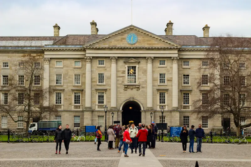 Front view of Trinity College Dublin near The Dawson Hostel, ideal for students and visitors seeking budget accommodation nearby