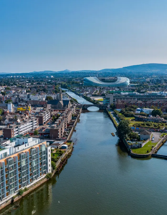 Aerial view of Aviva Stadium and Dublin city, showing accommodation near Aviva Stadium within easy reach of The Dawson Hostel