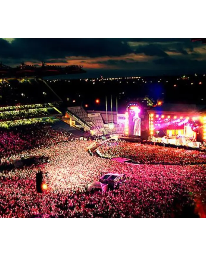 A packed night-time concert at Croke Park, the kind of event The Dawson Hostel offers accommodation near Croke Park for