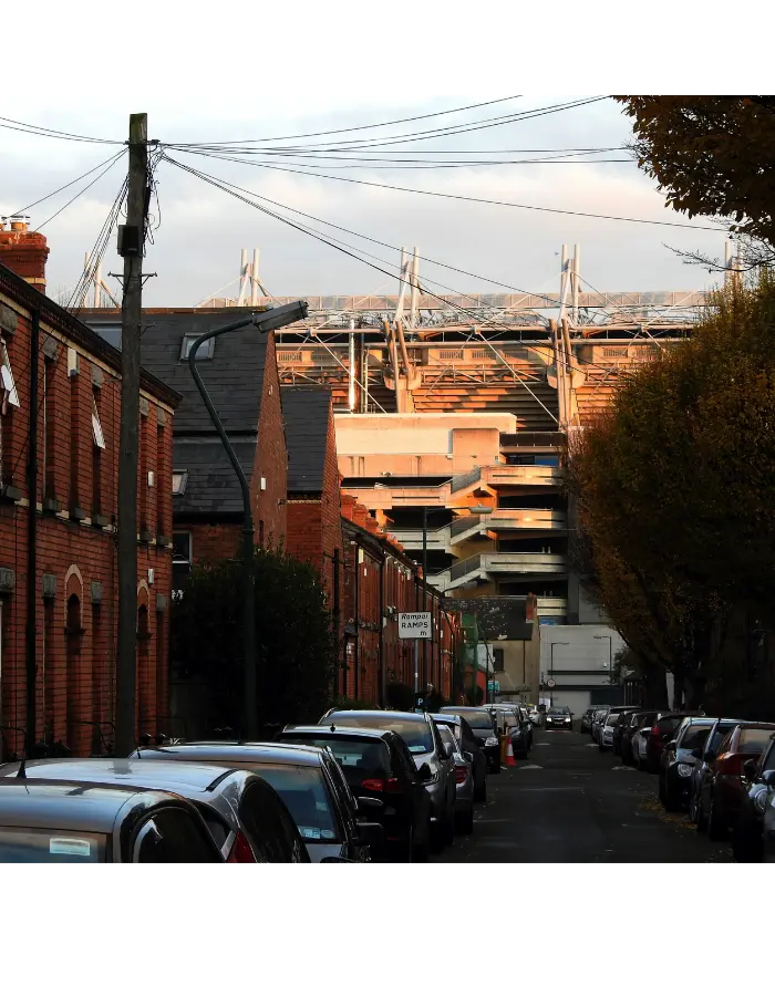 Croke Park stadium rising above a residential street in Drumcondra, a short trip from The Dawson Hostel