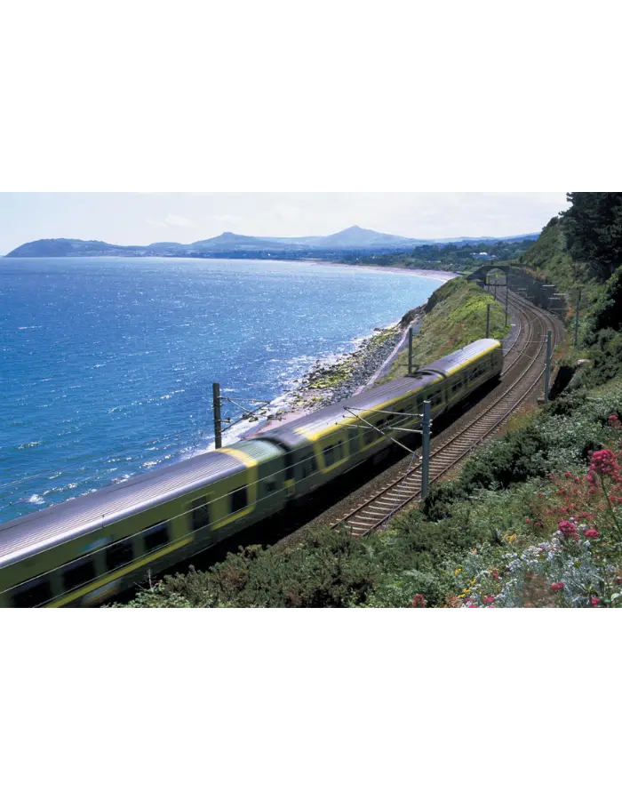 A DART train on the Dublin coastal line, the recommended route from The Dawson Hostel to Aviva Stadium