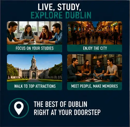 Students studying, walking to Dublin attractions and socialising while staying at The Dawson Hostel Dublin